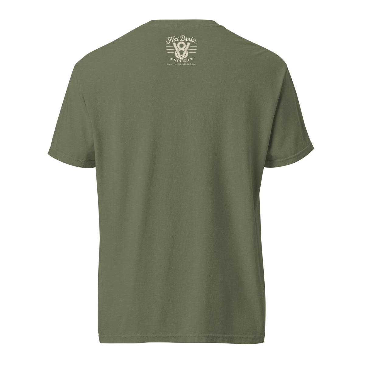 Flat Broke Speed Since 2016 V8 badge heavyweight t-shirt, Moss, back