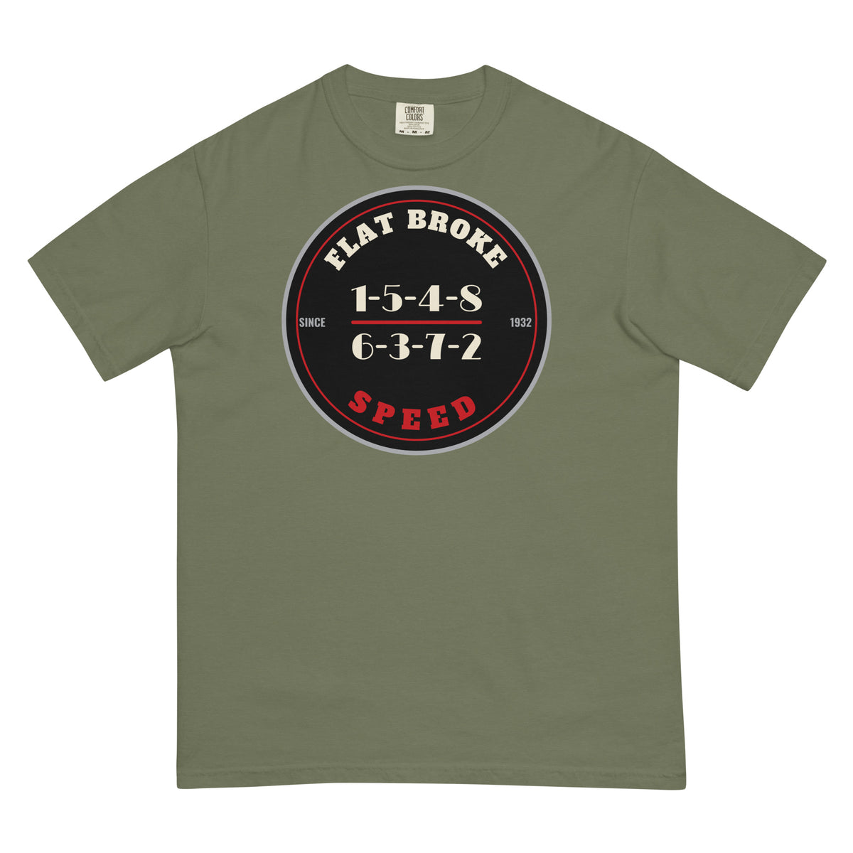Flat Broke Speed 1932 firing order badge heavyweight t-shirt, Moss, front