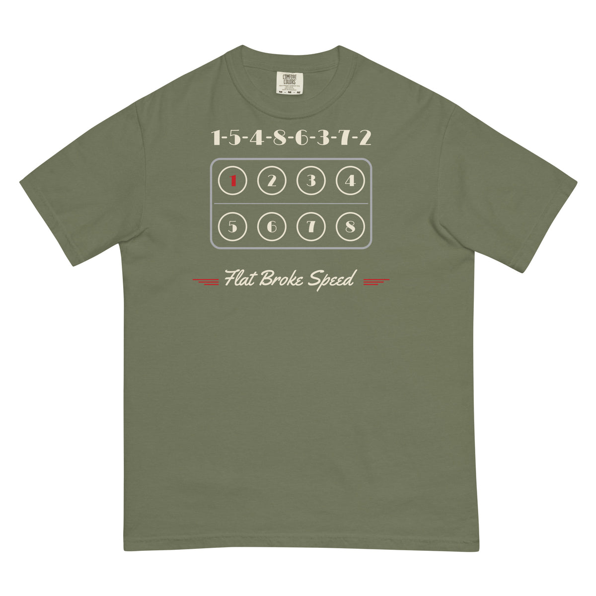 Flat Broke Speed flathead V8 cylinder map firing order heavyweight t-shirt, Moss, front
