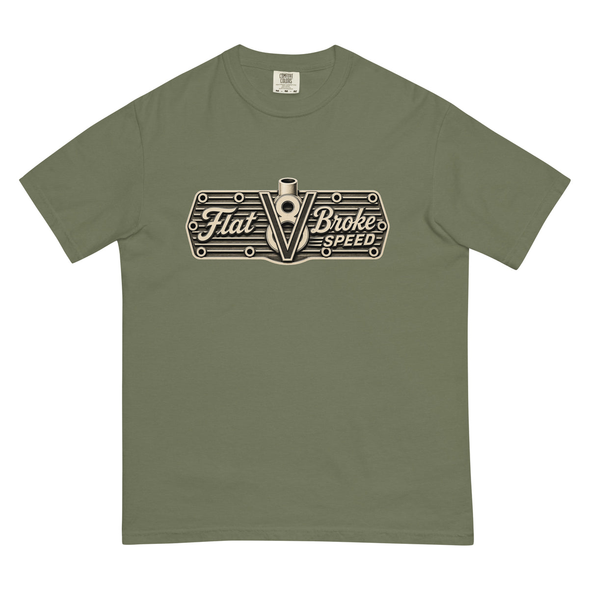 Flat Broke Speed V8 logo one-color heavyweight t-shirt, Moss, front