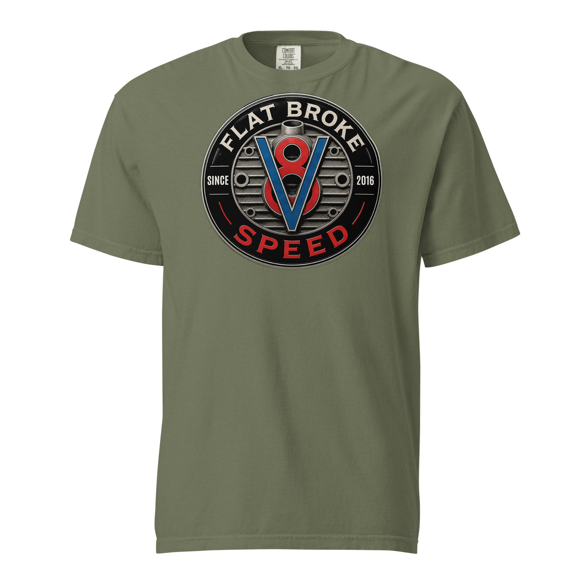 Flat Broke Speed Since 2016 V8 badge heavyweight t-shirt, Moss, front