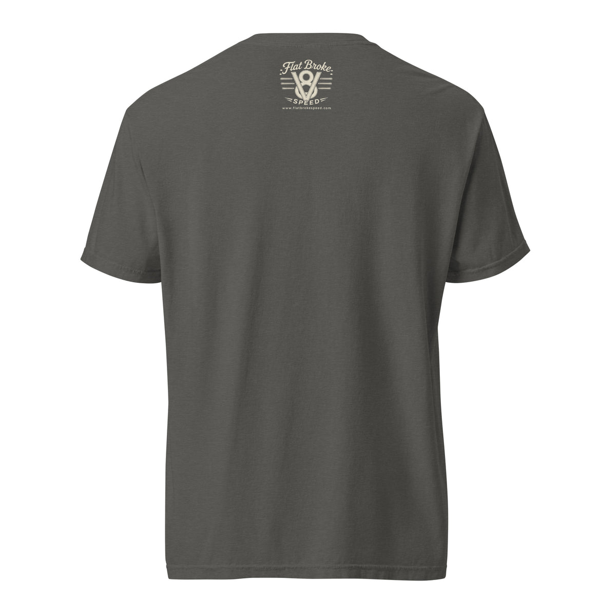 Flat Broke Speed Since 2016 V8 badge heavyweight t-shirt, Pepper, back