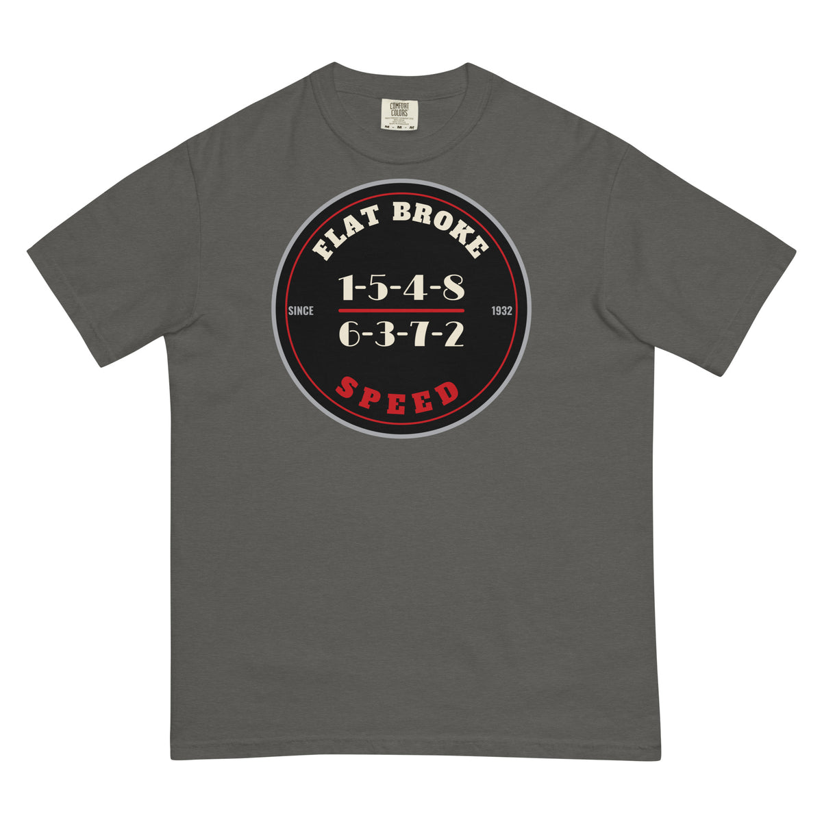 Flat Broke Speed 1932 firing order badge heavyweight t-shirt, Pepper, front