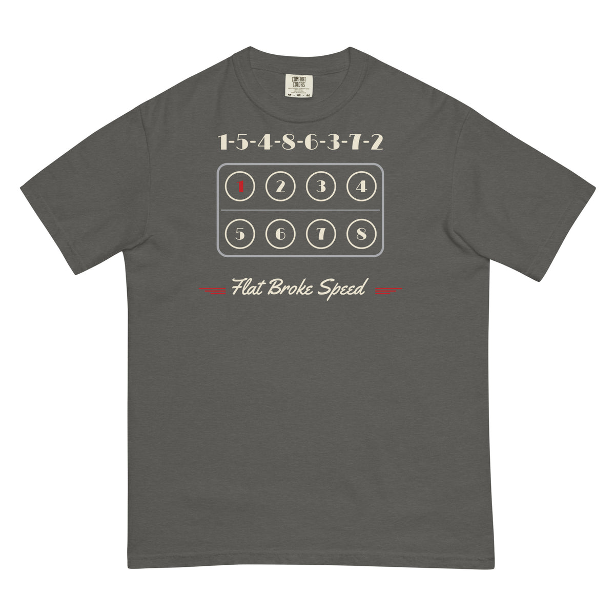 Flat Broke Speed flathead V8 cylinder map firing order heavyweight t-shirt, Pepper, front