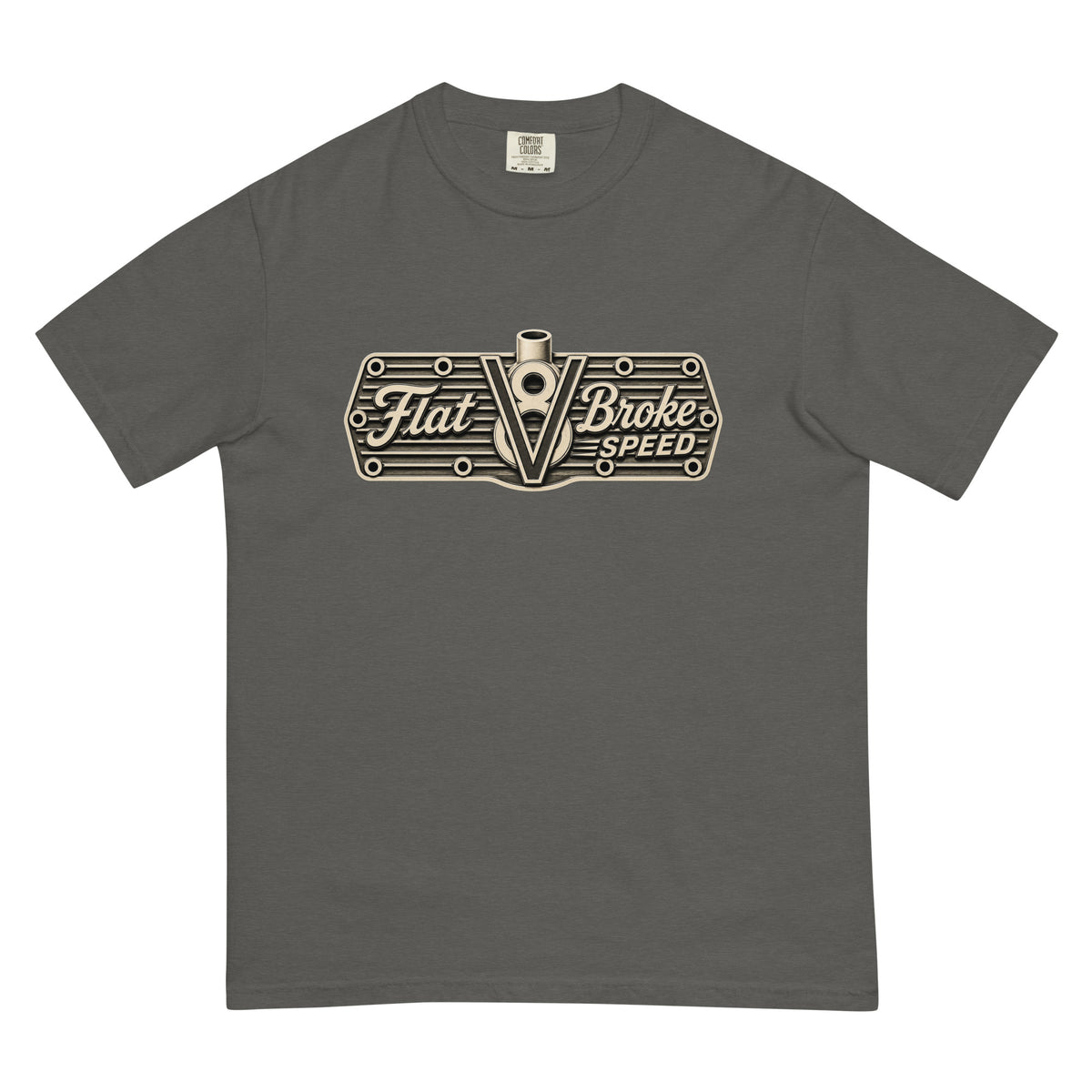 Flat Broke Speed V8 logo one-color heavyweight t-shirt, Pepper, front