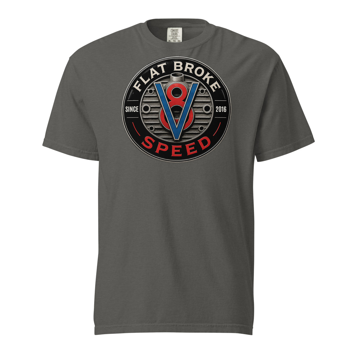 Flat Broke Speed Since 2016 V8 badge heavyweight t-shirt, Pepper, front