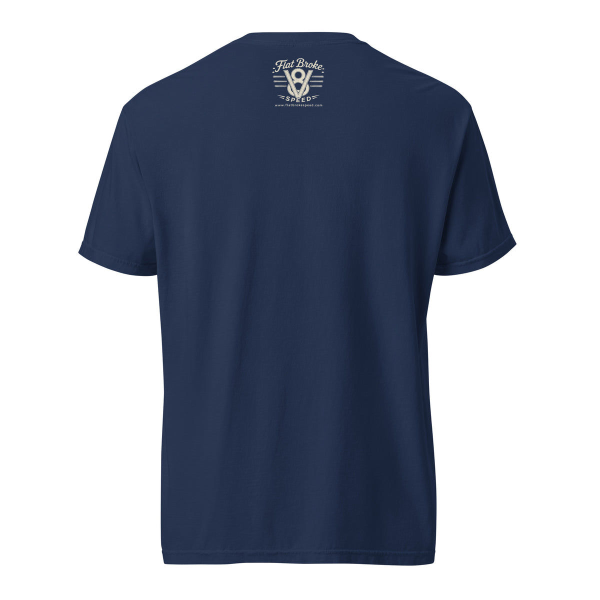 Flat Broke Speed Since 2016 V8 badge heavyweight t-shirt, True Navy, back