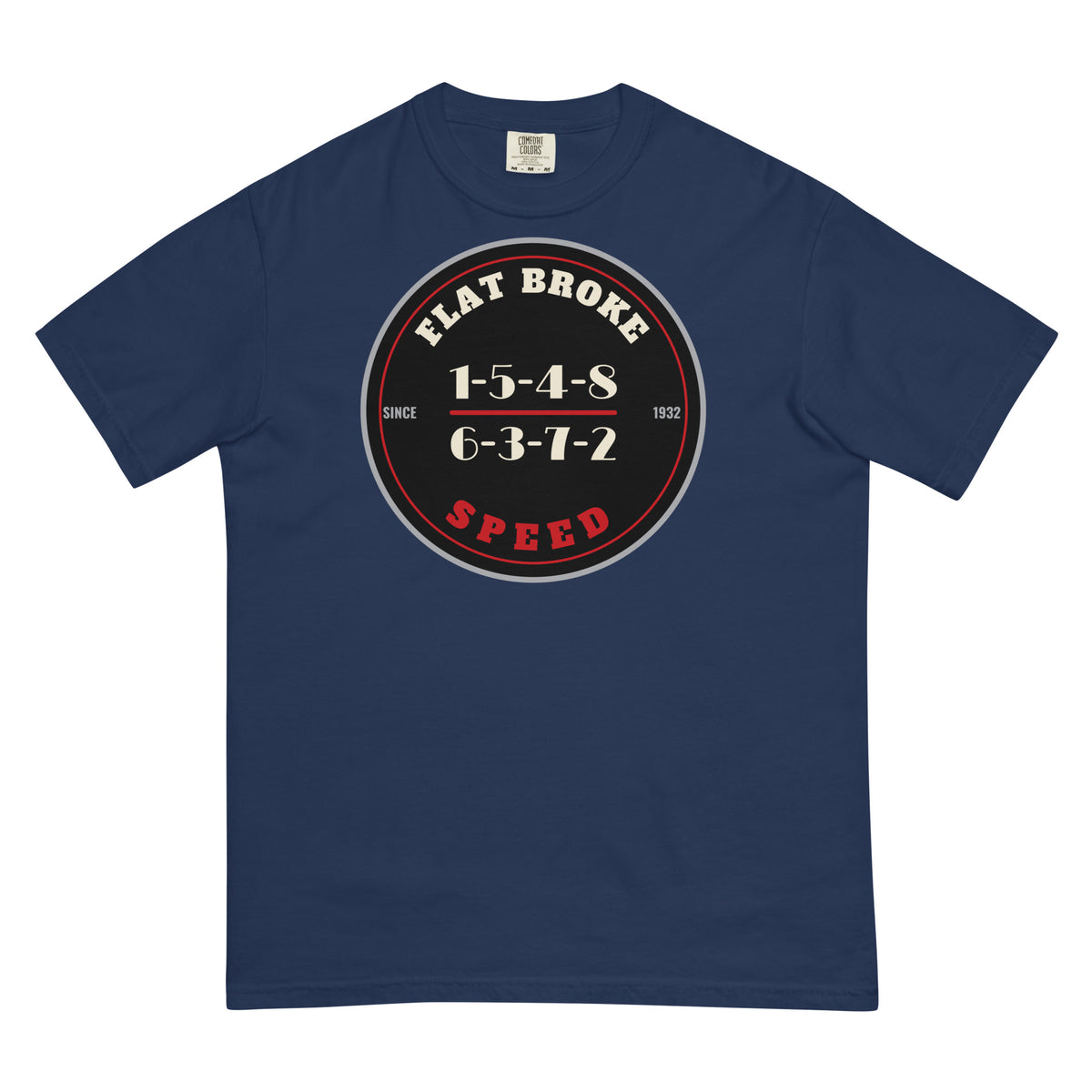 Flat Broke Speed 1932 firing order badge heavyweight t-shirt, True Navy, front
