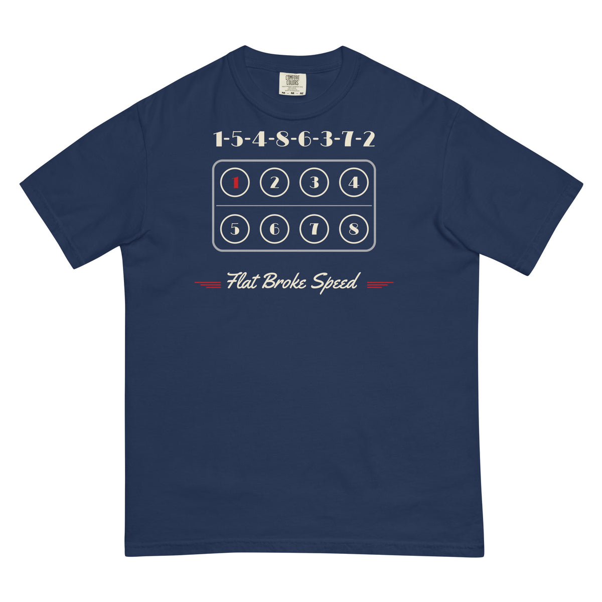 Flat Broke Speed flathead V8 cylinder map firing order heavyweight t-shirt, True Navy, front