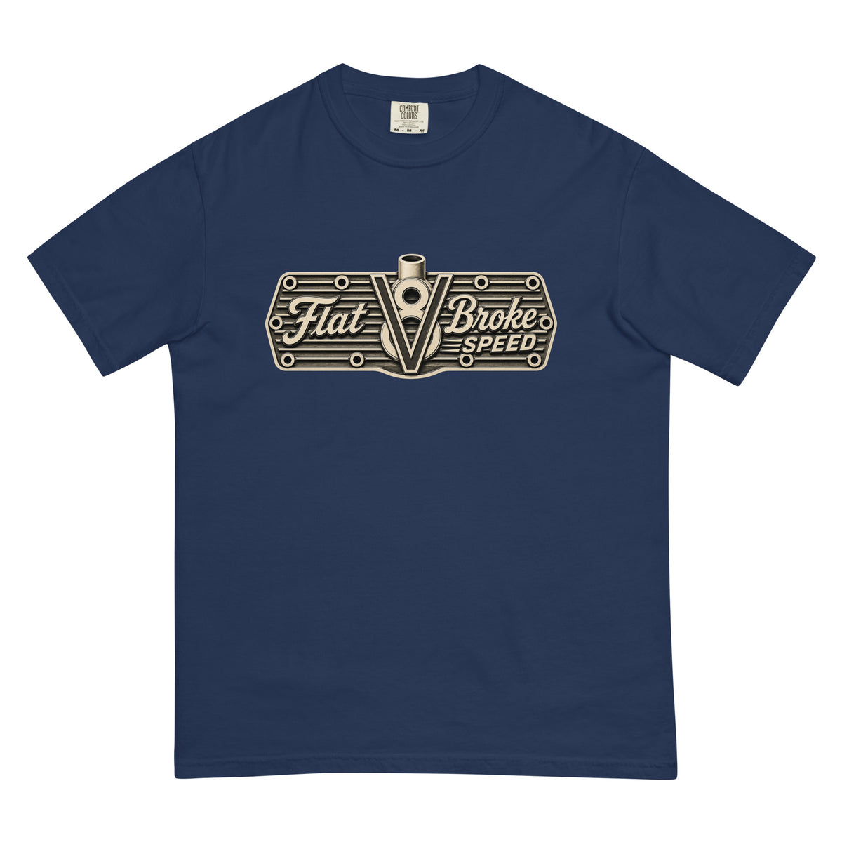 Flat Broke Speed V8 logo one-color heavyweight t-shirt, True Navy, front