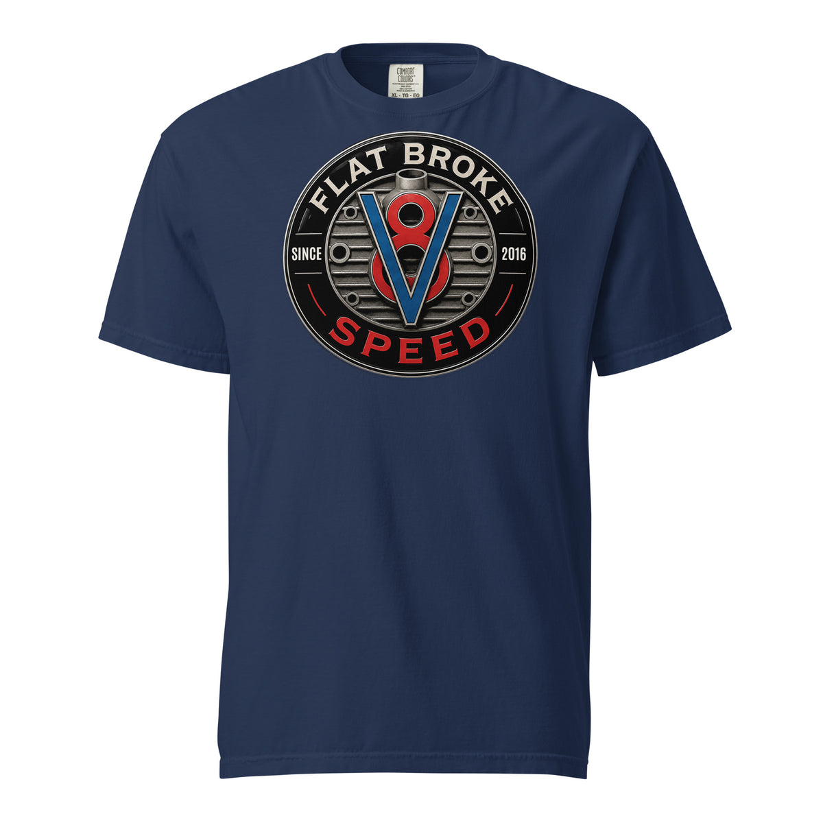 Flat Broke Speed Since 2016 V8 badge heavyweight t-shirt, True Navy, front