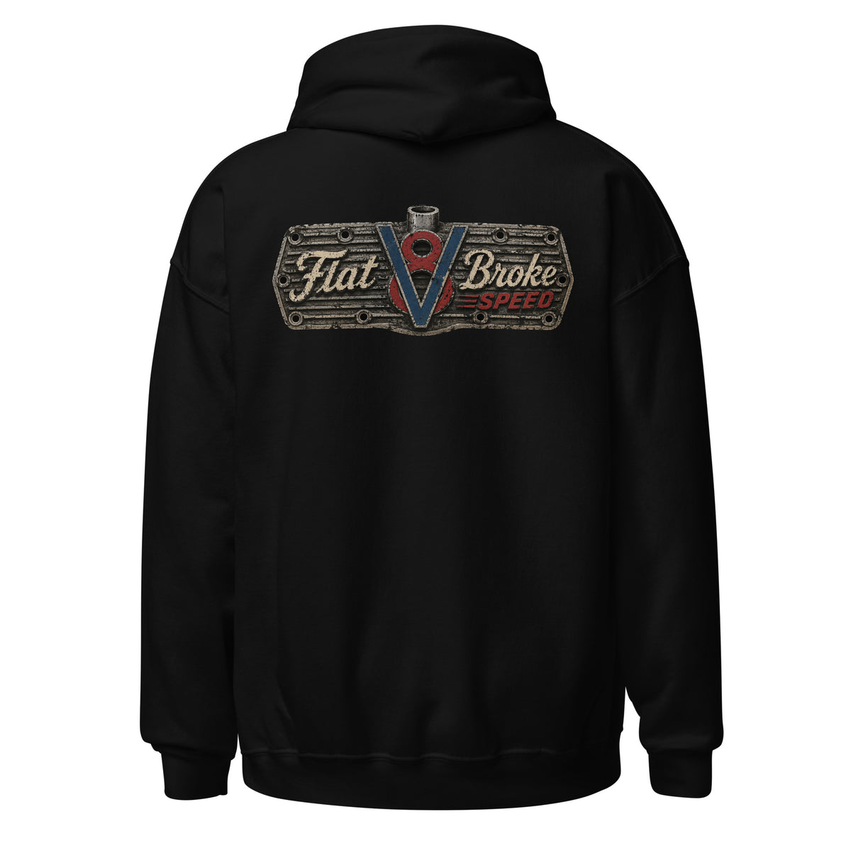 Flat Broke Speed V8 logo front and back hoodie, Black, back