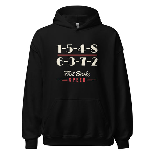 Flat Broke Speed 1-5-4-8 6-3-7-2 firing order hoodie, Black, front