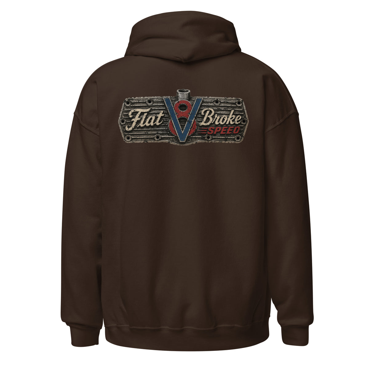 Flat Broke Speed V8 logo front and back hoodie, Dark Chocolate, back