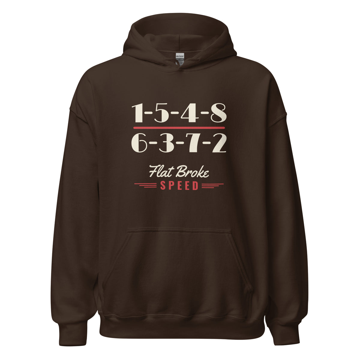 Flat Broke Speed 1-5-4-8 6-3-7-2 firing order hoodie, Dark Chocolate, front