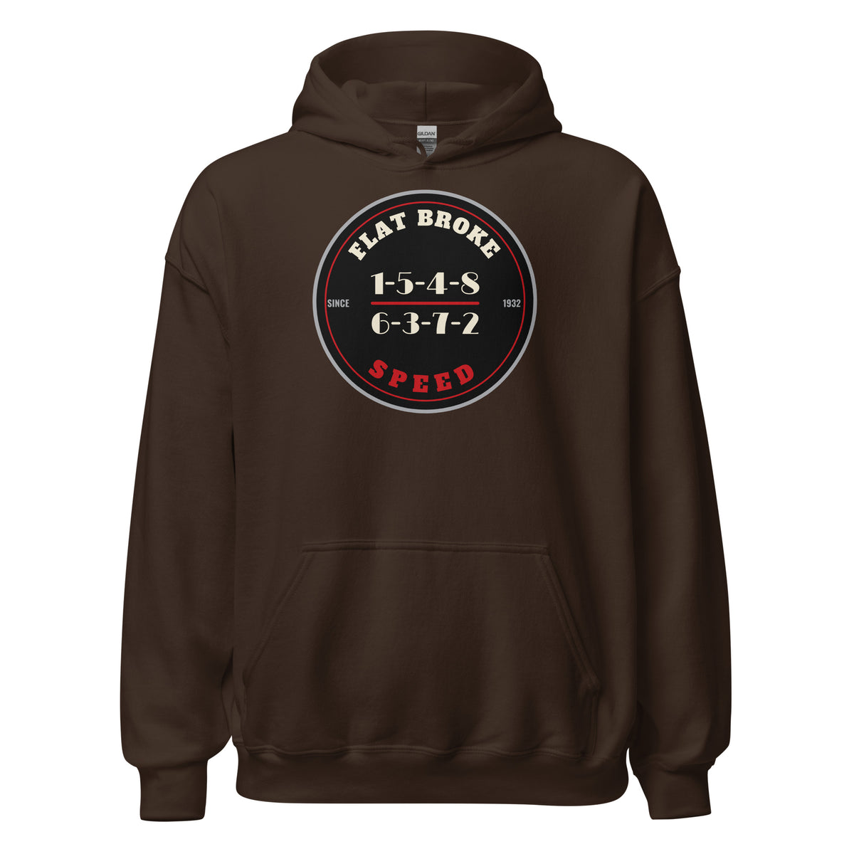 Flat Broke Speed Since 1932 firing order badge hoodie, Dark Chocolate, front
