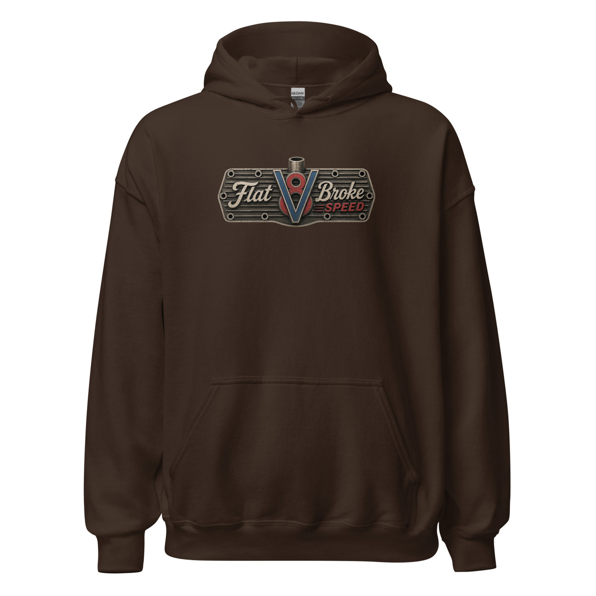 Flat Broke Speed V8 logo front and back hoodie, Dark Chocolate, front