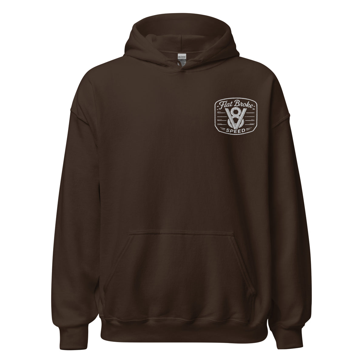 Flat Broke Speed V8 logo embroidered hoodie, Dark Chocolate, front