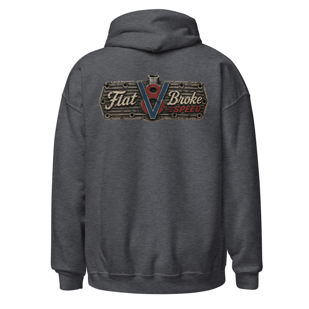 Flat Broke Speed V8 logo front and back hoodie, Dark Heather, back