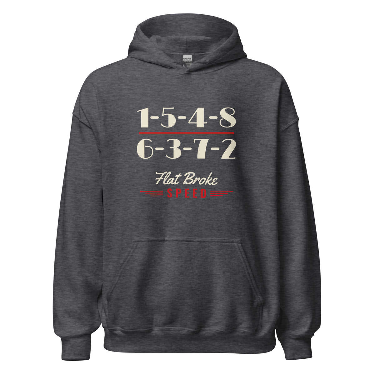 Flat Broke Speed 1-5-4-8 6-3-7-2 firing order hoodie, Dark Heather, front