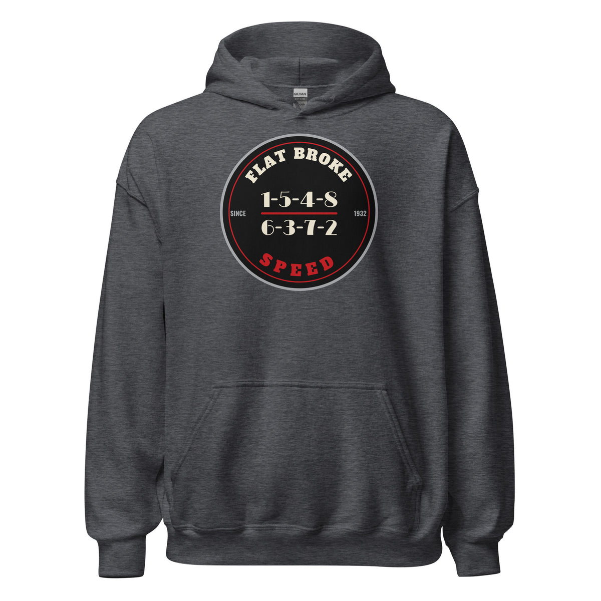 Flat Broke Speed Since 1932 firing order badge hoodie, Dark Heather, front