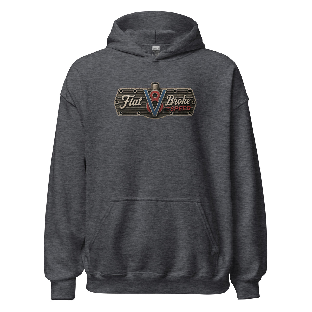 Flat Broke Speed V8 logo front and back hoodie, Dark Heather, front
