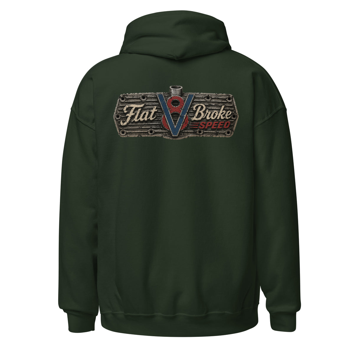 Flat Broke Speed V8 logo front and back hoodie, Forest Green, back