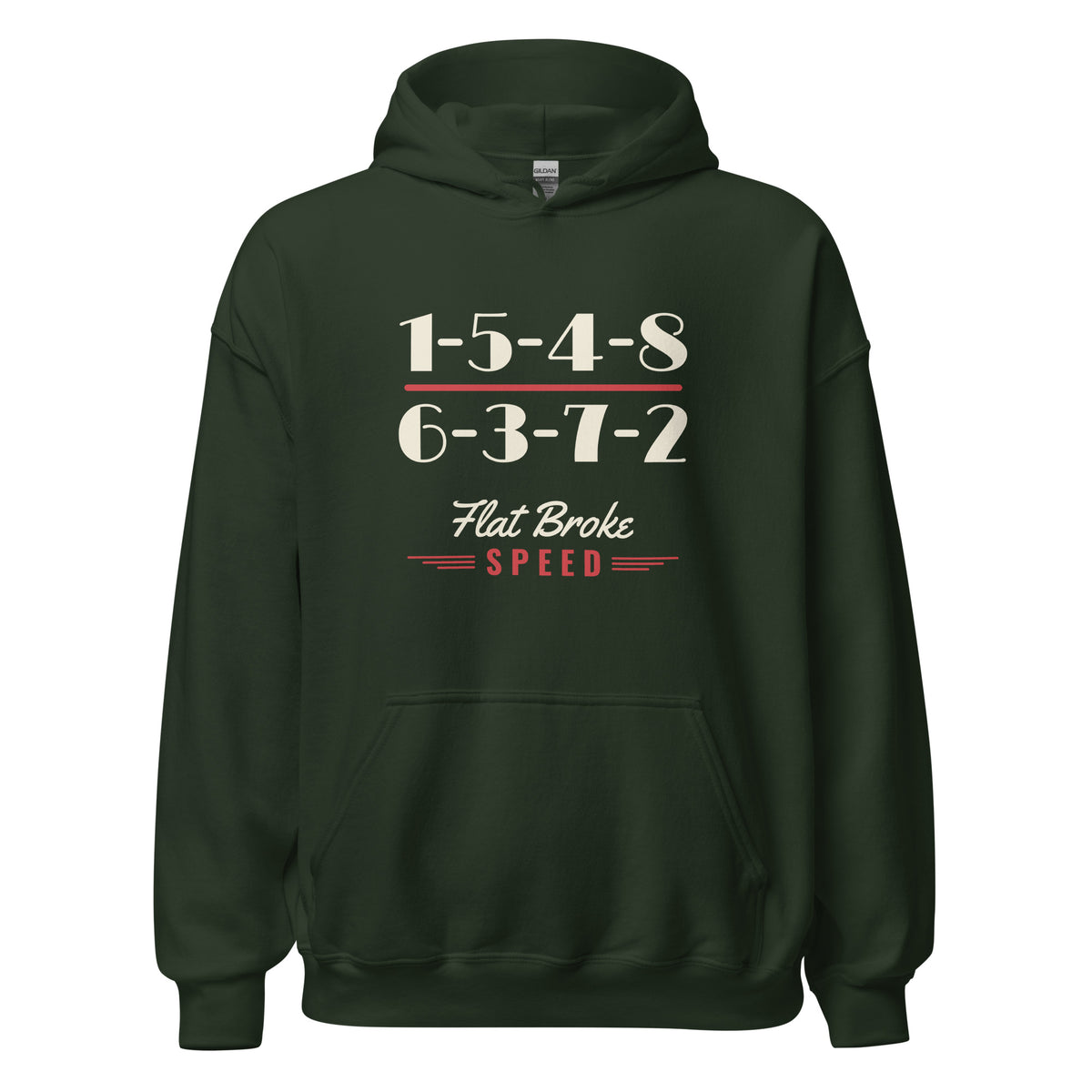 Flat Broke Speed 1-5-4-8 6-3-7-2 firing order hoodie, Forest Green, front