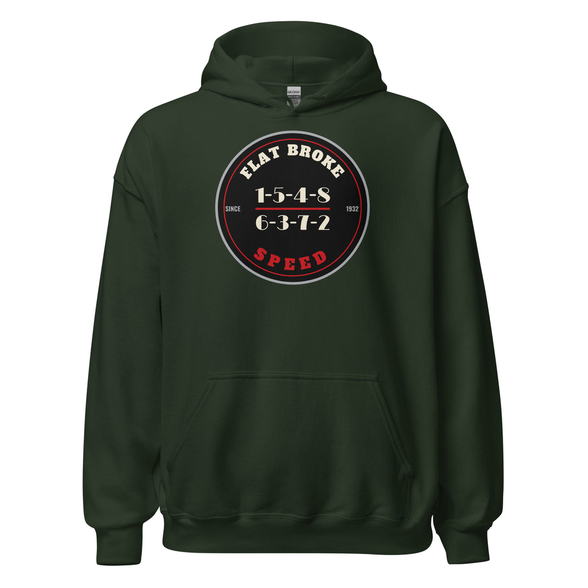 Flat Broke Speed Since 1932 firing order badge hoodie, Forest Green, front