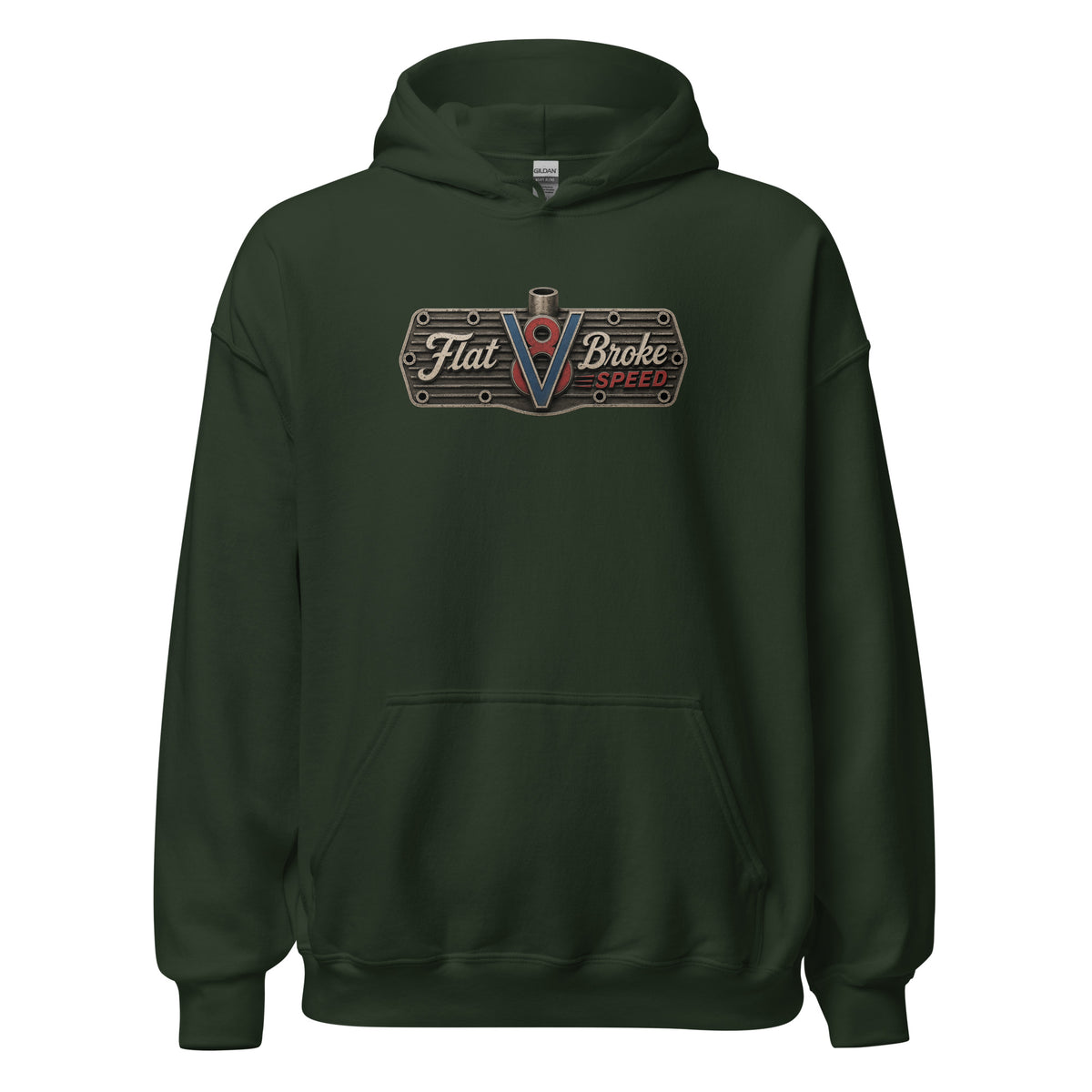 Flat Broke Speed V8 logo front and back hoodie, Forest Green, front