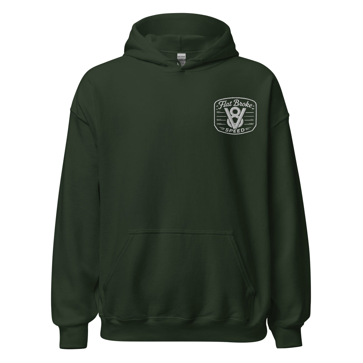Flat Broke Speed V8 logo embroidered hoodie, Forest Green, front