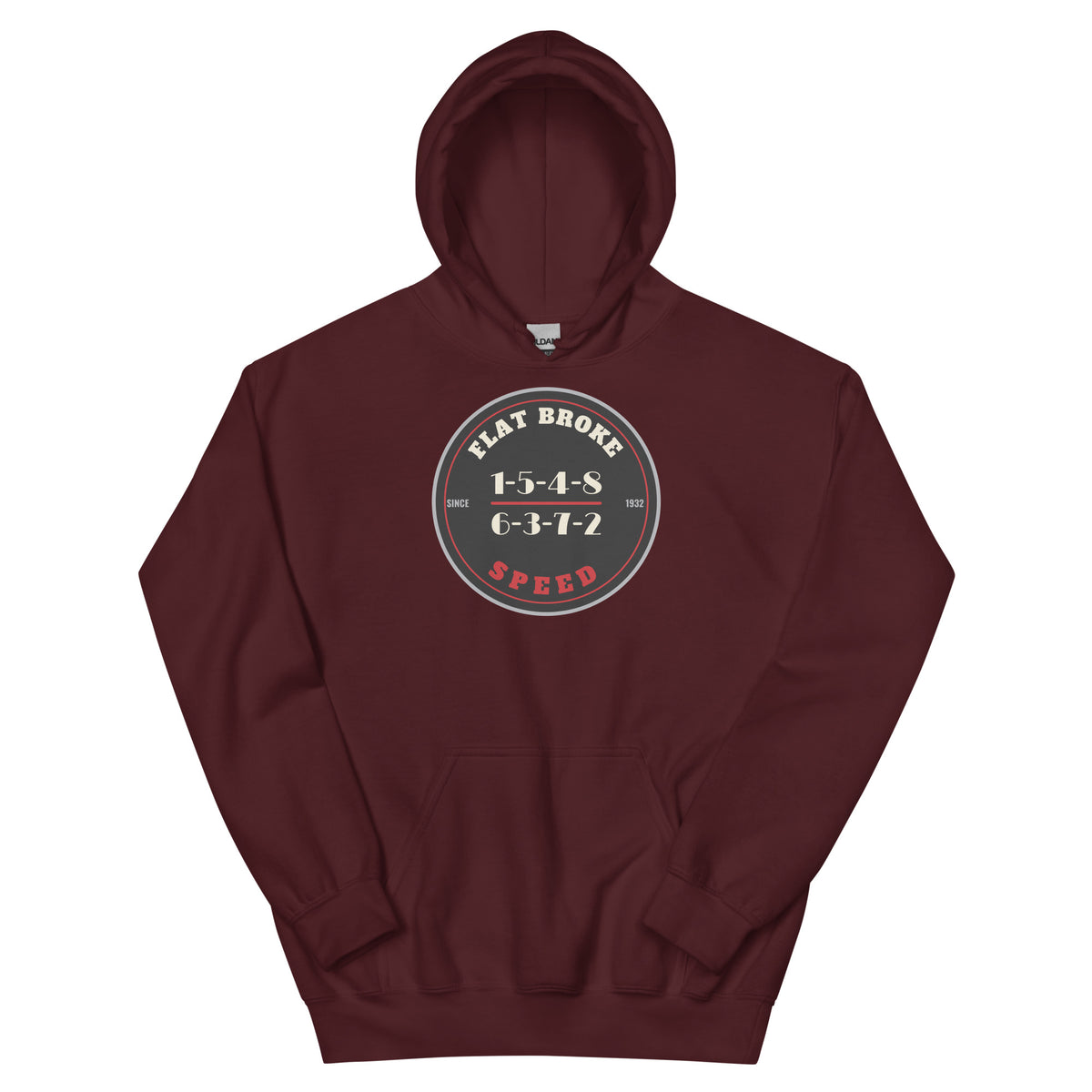 Flat Broke Speed Since 1932 firing order badge hoodie, Maroon, front