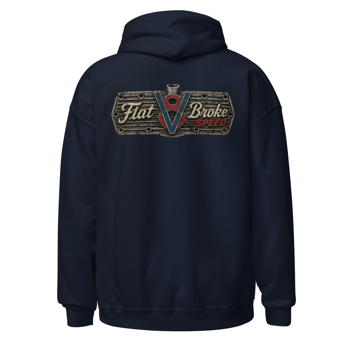 Flat Broke Speed V8 logo front and back hoodie, Navy, back