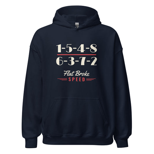 Flat Broke Speed 1-5-4-8 6-3-7-2 firing order hoodie, Navy, front