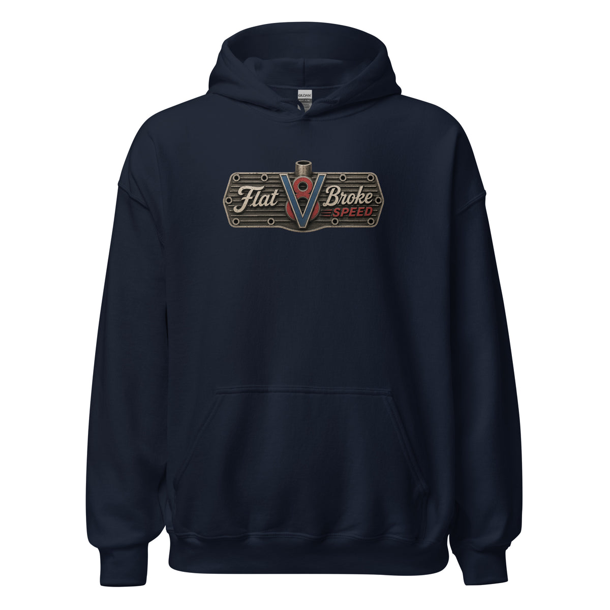 Flat Broke Speed V8 logo front and back hoodie, Navy, front