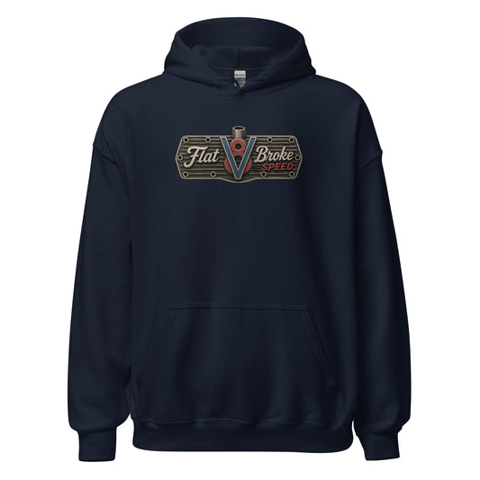 Flat Broke Speed V8 logo front and back hoodie, Navy, front