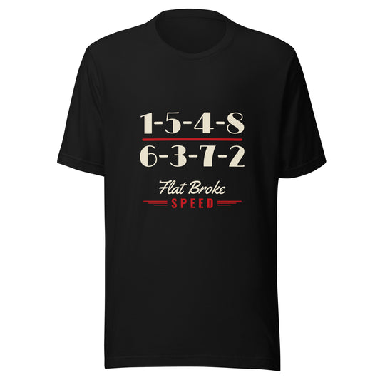 Flat Broke Speed Firing Order 1-5-4-8 6-3-7-2 t-shirt, Black, front