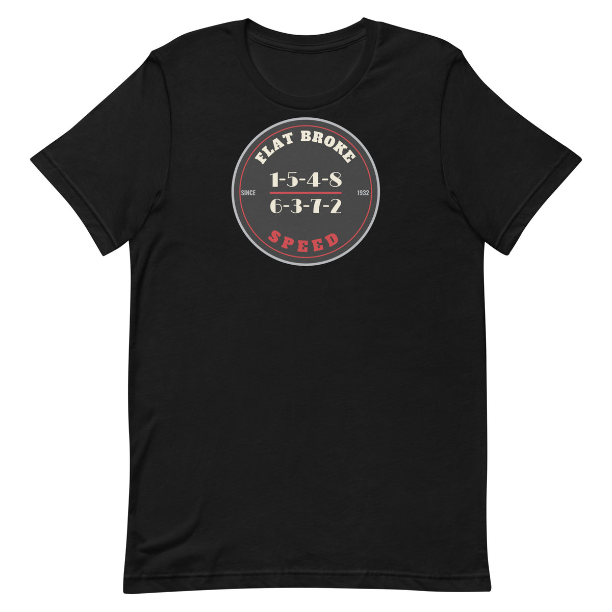 Flat Broke Speed 1932 Badge firing order t-shirt, Black, front
