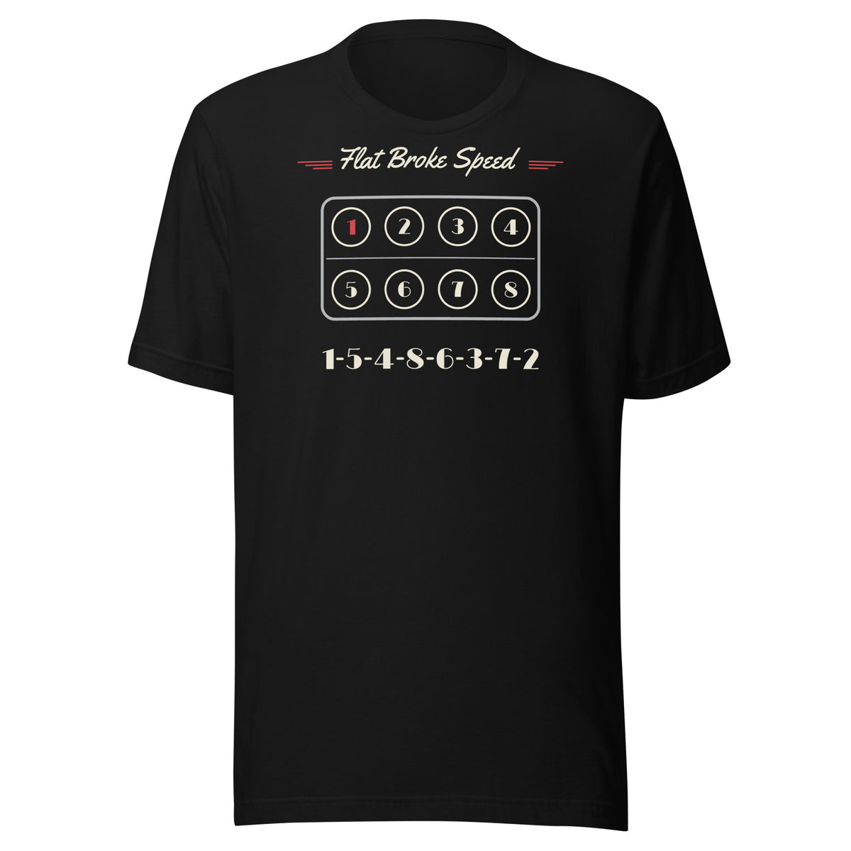 Flat Broke Speed flathead V8 cylinder map firing order t-shirt, Black, front