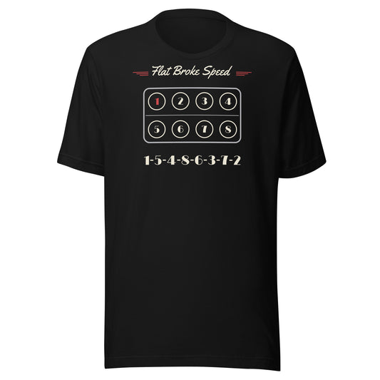 Flat Broke Speed flathead V8 cylinder map firing order t-shirt, Black, front