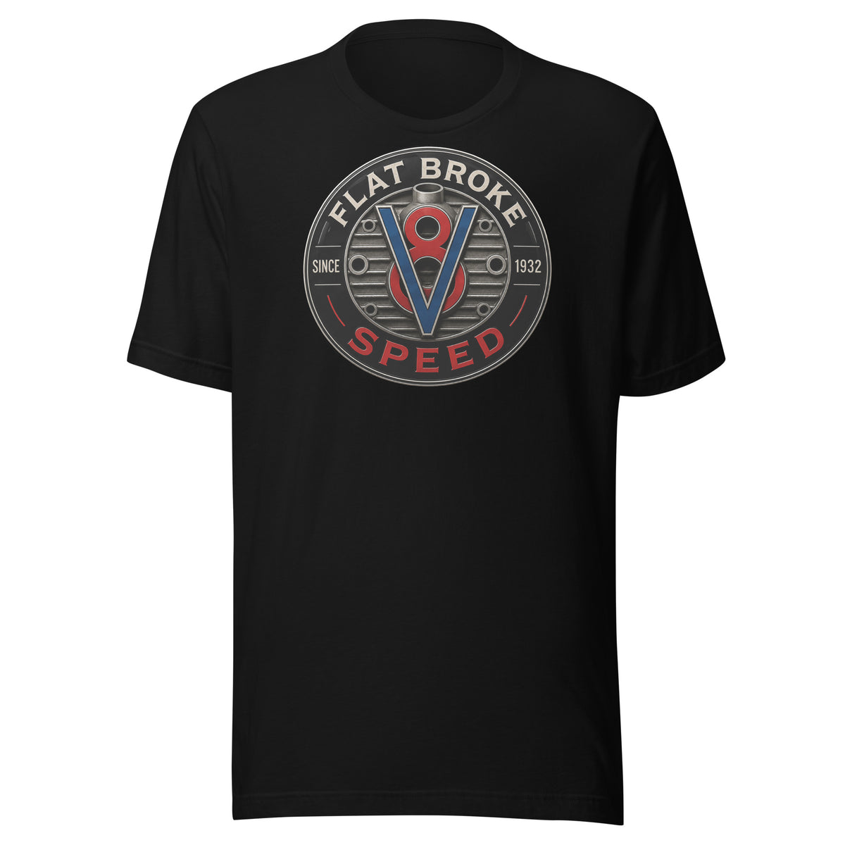 Flat Broke Speed Since 1932 V8 badge logo t-shirt, Black, front