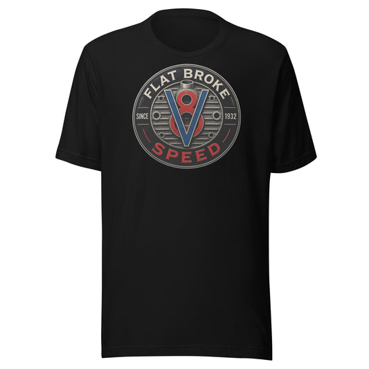 Flat Broke Speed Since 1932 V8 badge logo t-shirt, Black, front