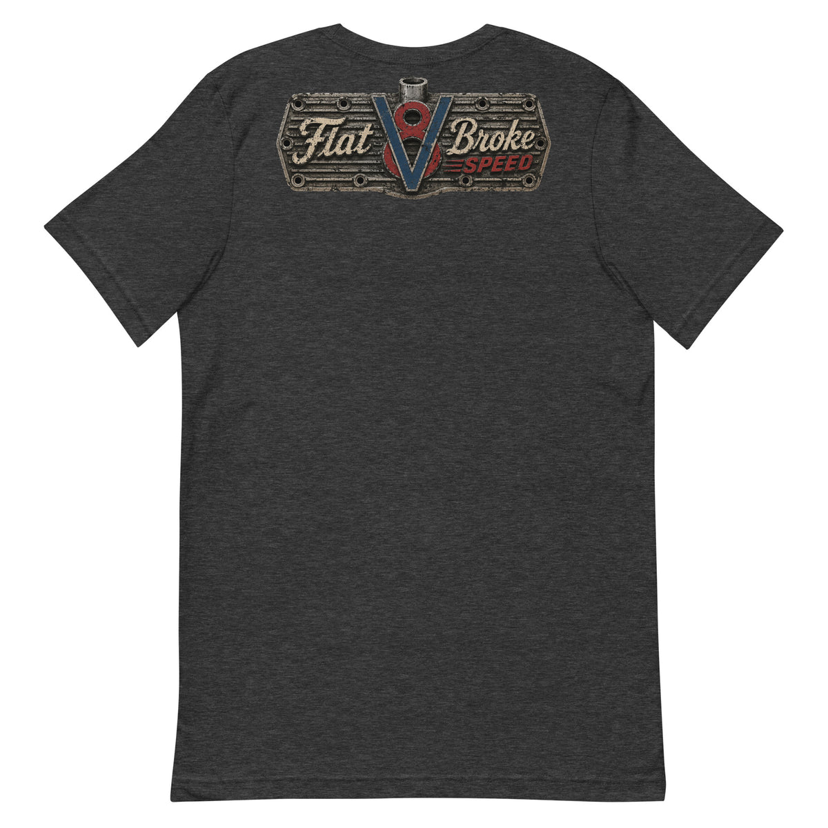 Flat Broke Speed V8 logo front and back t-shirt, Dark Grey Heather, back