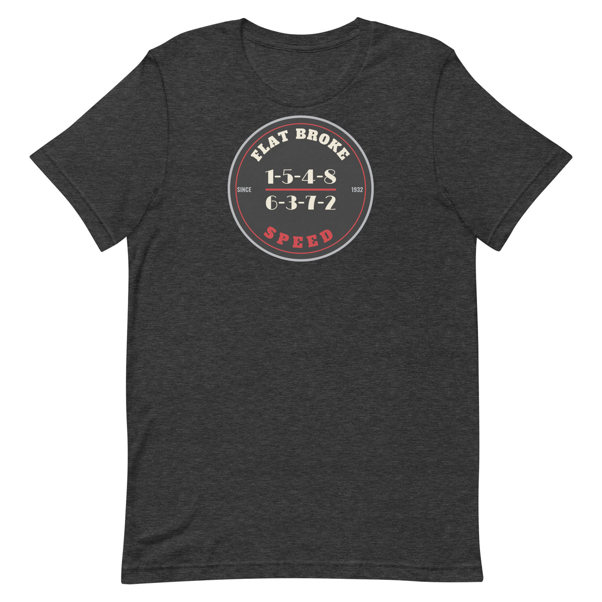 Flat Broke Speed 1932 Badge firing order t-shirt, Dark Grey Heather, front