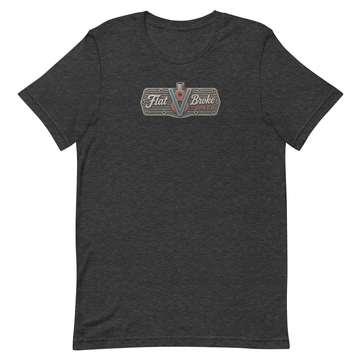Flat Broke Speed V8 logo front and back t-shirt, Dark Grey Heather, front