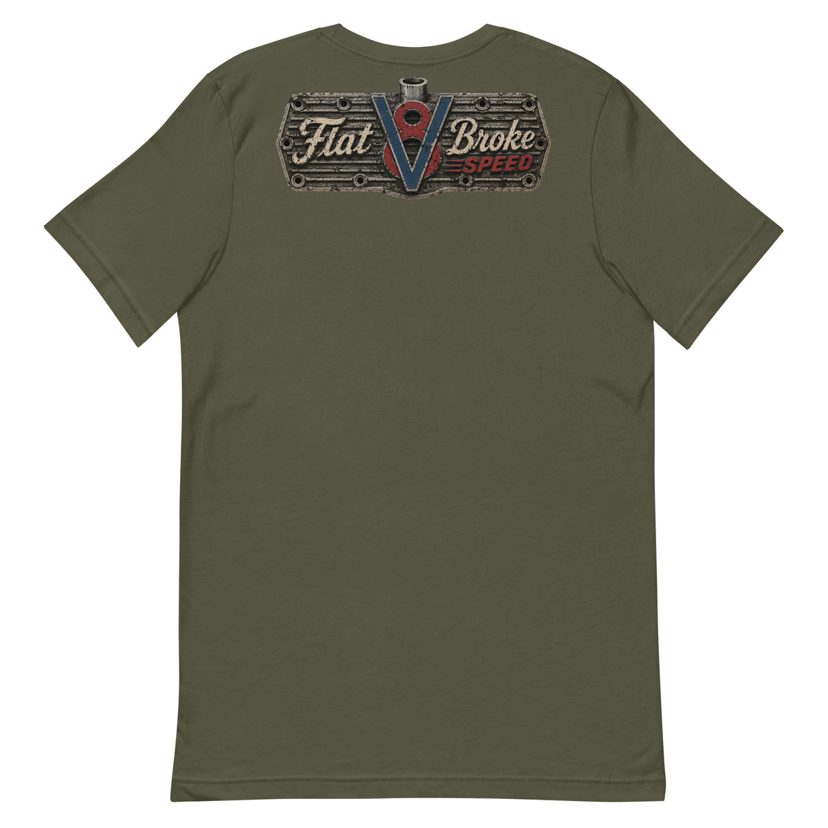 Flat Broke Speed V8 logo front and back t-shirt, Military Green, back