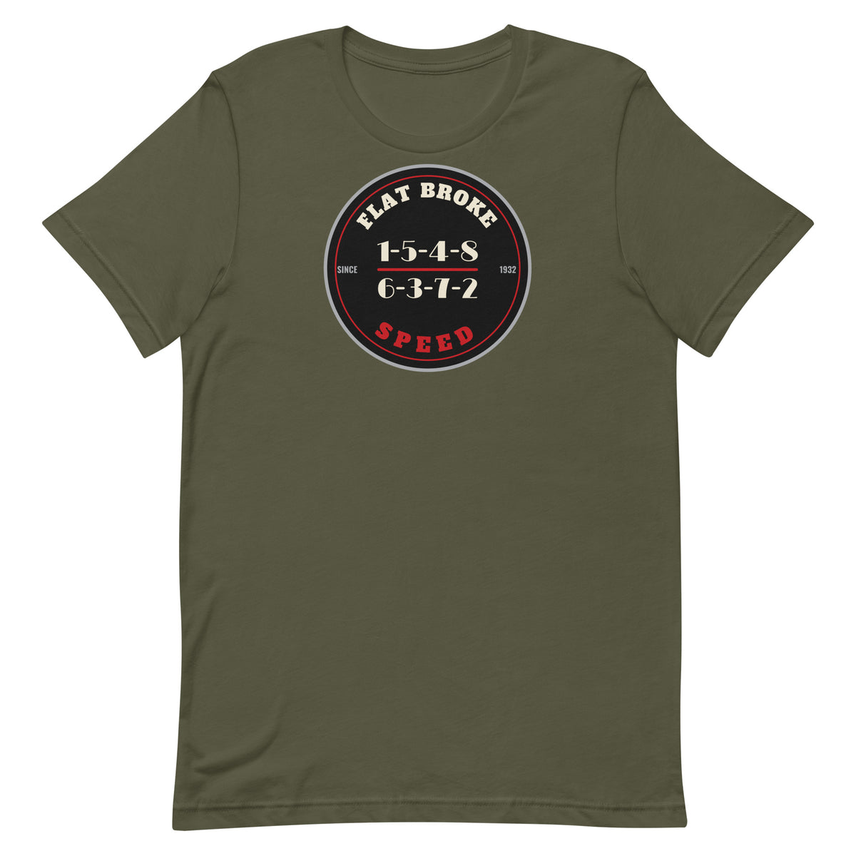 Flat Broke Speed 1932 Badge firing order t-shirt, Military Green, front