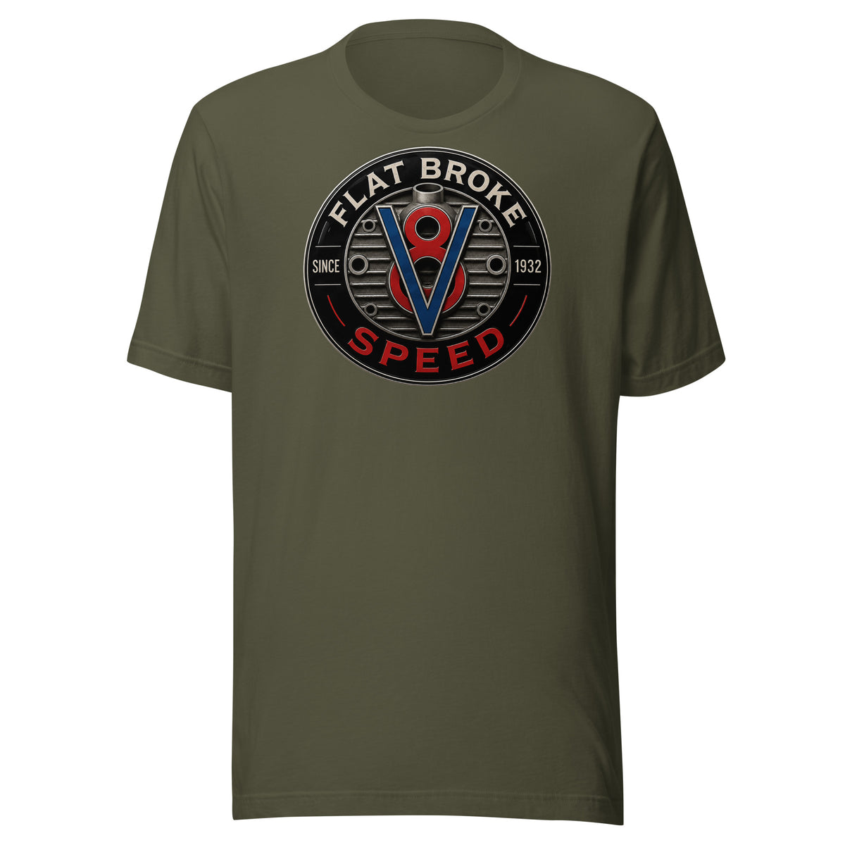Flat Broke Speed Since 1932 V8 badge logo t-shirt, Military Green, front