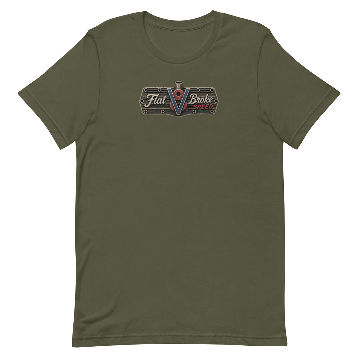 Flat Broke Speed V8 logo front and back t-shirt, Military Green, front
