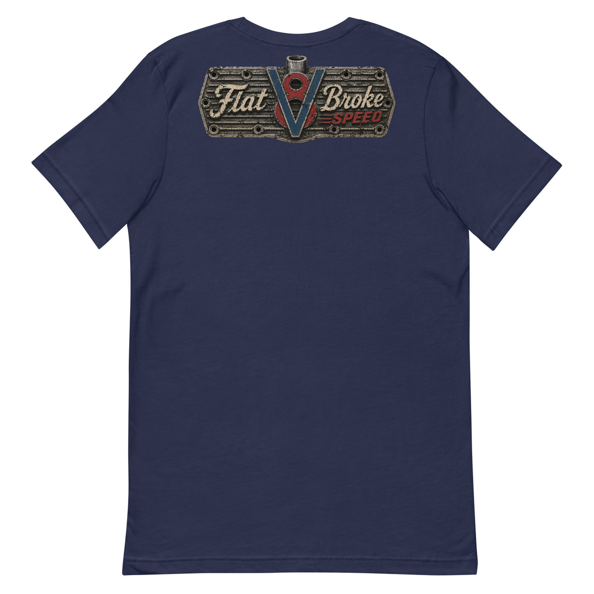 Flat Broke Speed V8 logo front and back t-shirt, Navy, back